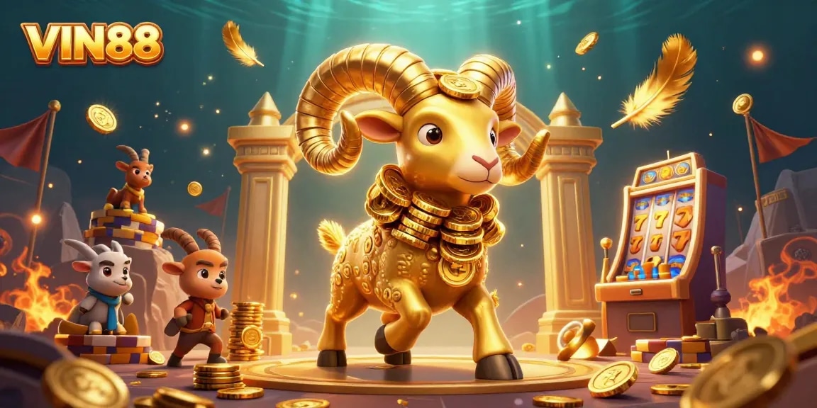 Experience thrilling slots action with VIN88's vibrant 3D casino illustration showcasing massive golden ram and dynamic elements.