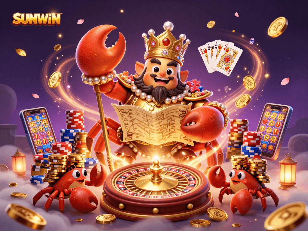 SUNWIN offers an exciting gambling adventure with a golden crab emperor, coins, and slot machines.