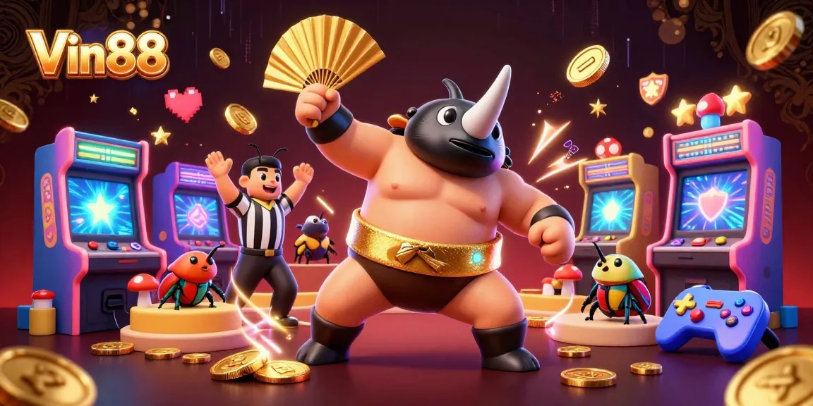Experience thrilling gameplay at Vin88 with a cartoon sumo beetle champion surrounded by colorful arcade machines.