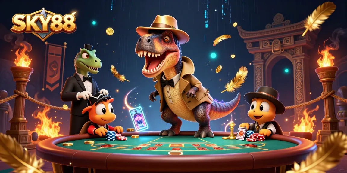 Engage in thrilling gameplay at SKY88 with a cartoon velociraptor and friends at an exciting blackjack table.