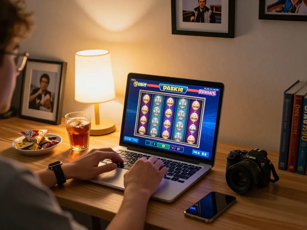 Engaging online gaming session with 9bet layout showing exciting slot machine action at home