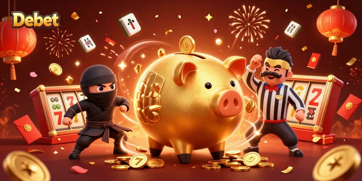Join the Debet excitement as a giant golden piggy bank sumo wrestler and friends scatter coins in this action-packed scene.