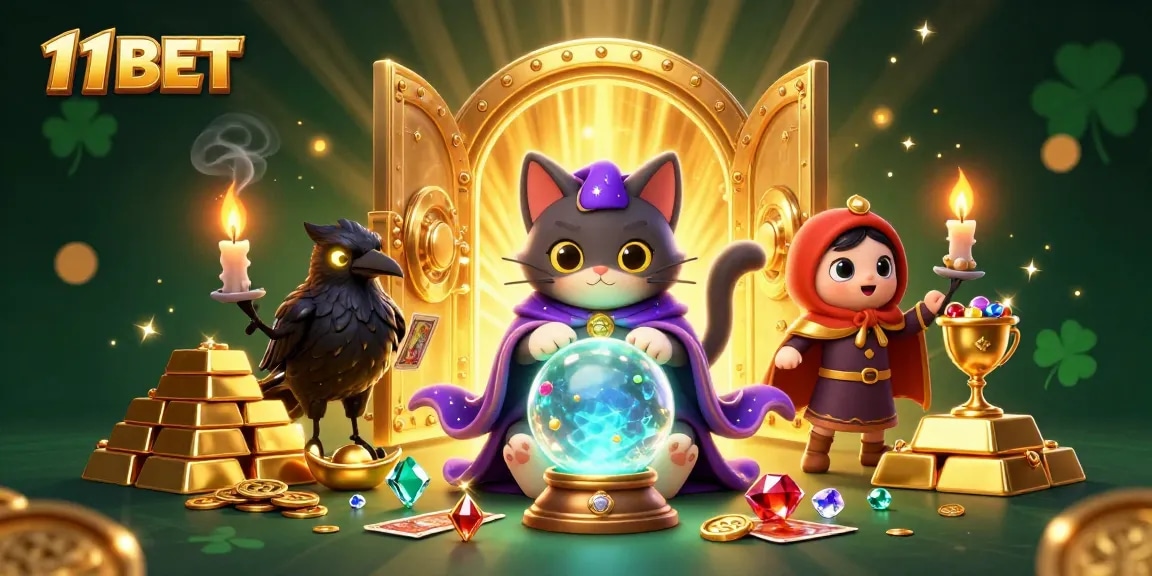Play thrilling games and unlock treasures at 11BET with vibrant casino-themed illustration.
