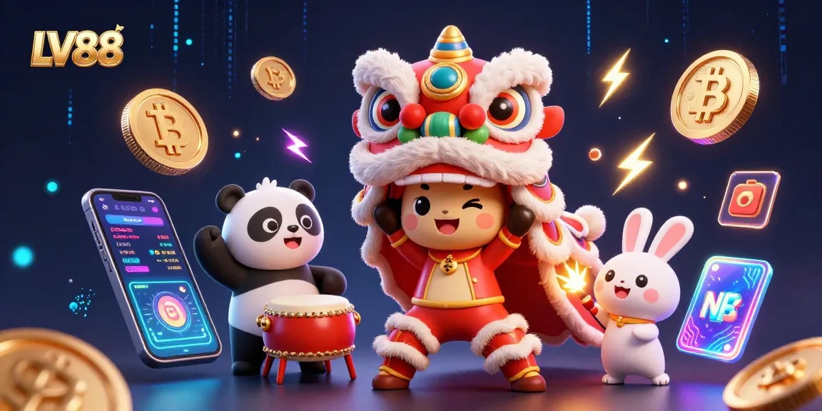 Engage with LV88's dynamic casino experience featuring lively characters, crypto symbols, and vibrant elements.