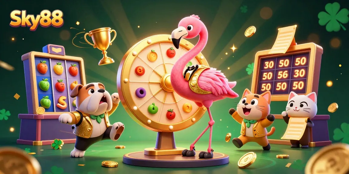 Engage in thrilling gaming actions at Sky88, surrounded by vibrant slot reels and animated characters.
