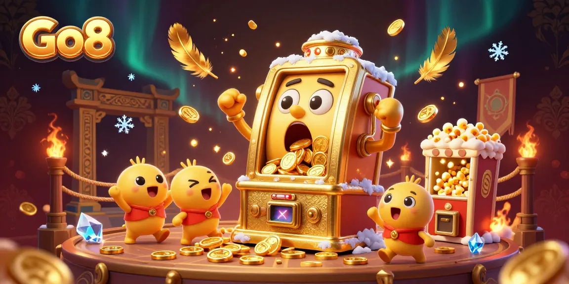 Go8 slot machine hitting a jackpot with golden confetti and cheering baby slots in dynamic casino scene.