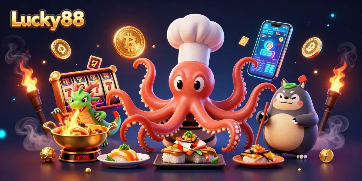 Engage with Lucky88's vibrant slot scene featuring a sushi chef octopus, fiery dragon, and fun casino elements.