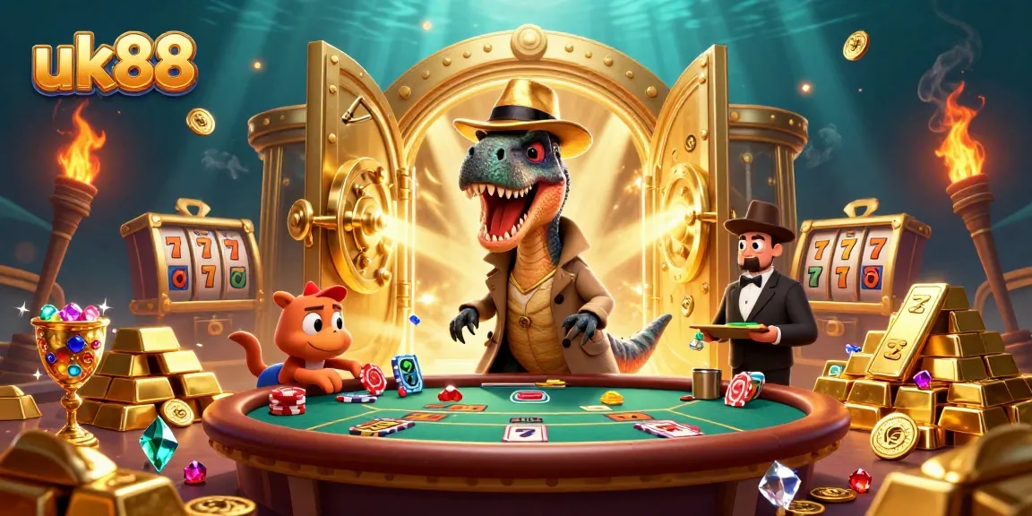 Casino game action at uk88 with a velociraptor and stegosaurus amidst gold and slot reels.