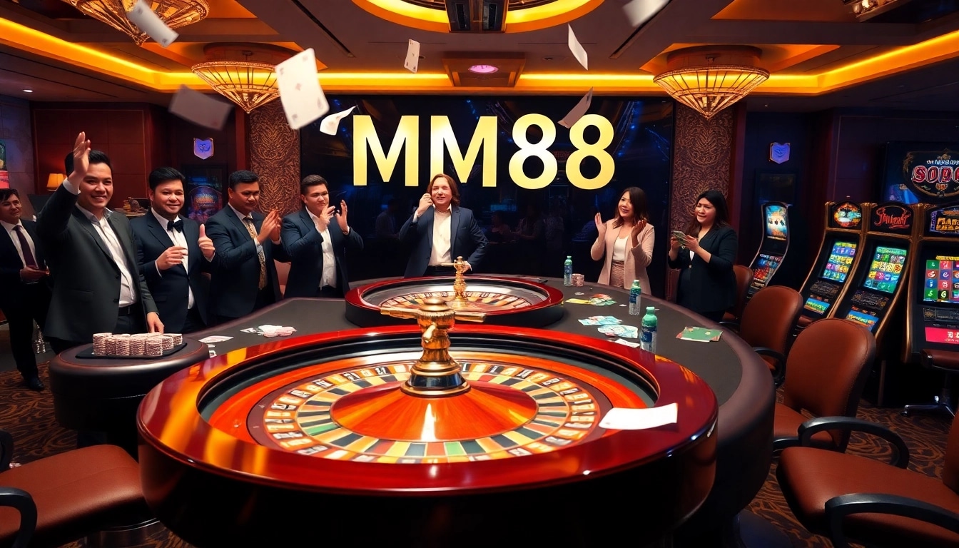 Experience the thrill of MM88 with vibrant casino games, spinning roulette wheels, and excited players.