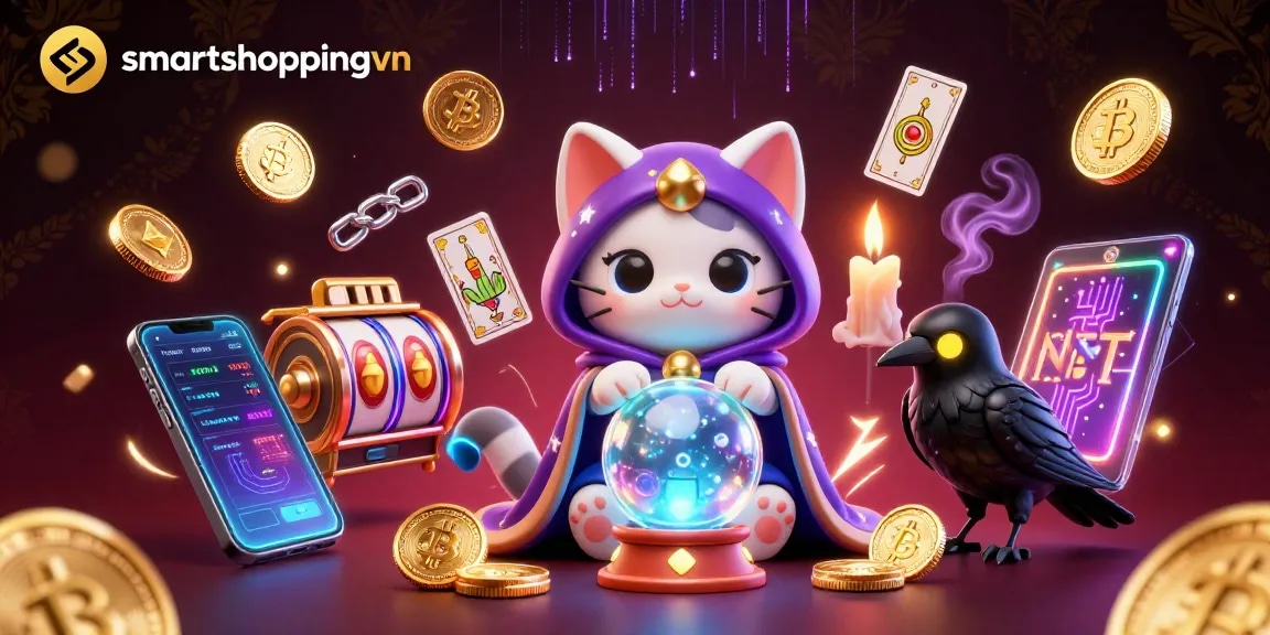 Engage with smartshoppingvn through vibrant casino visuals featuring glowing crypto coins and slot reels spinning.