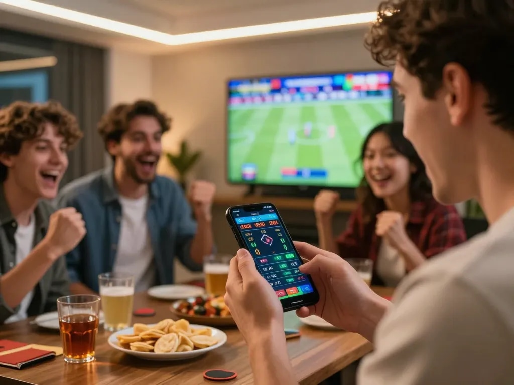 Vin88 sports betting excitement as players engage with mobile betting apps during a game.