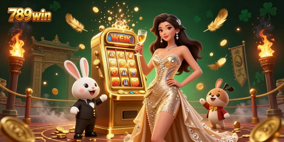 Experience the thrilling world of 789win with a glamorous casino celebration featuring a jackpot slot and a toast.