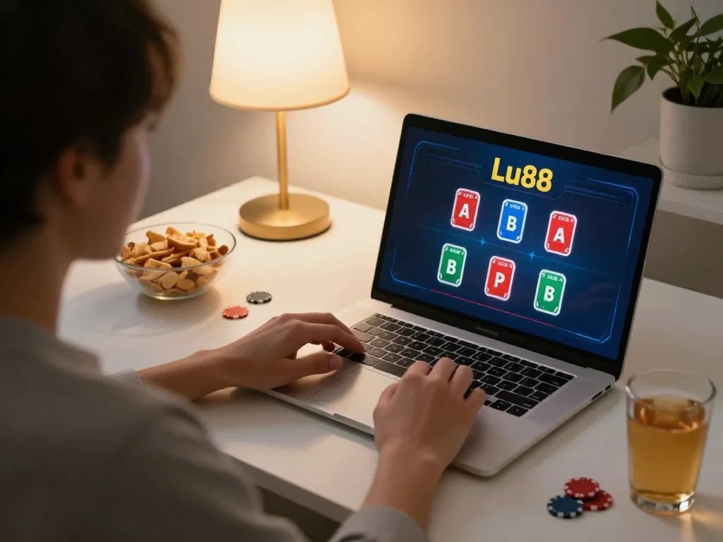 Lu88 online casino gameplay analysis with player focused on poker strategies in cozy home setting.