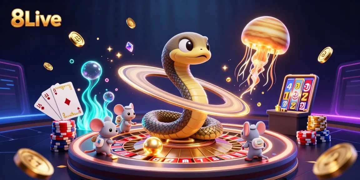 Experience thrilling 8Live gameplay with a vibrant illustration of betting astronaut mice amidst dazzling jackpot elements.