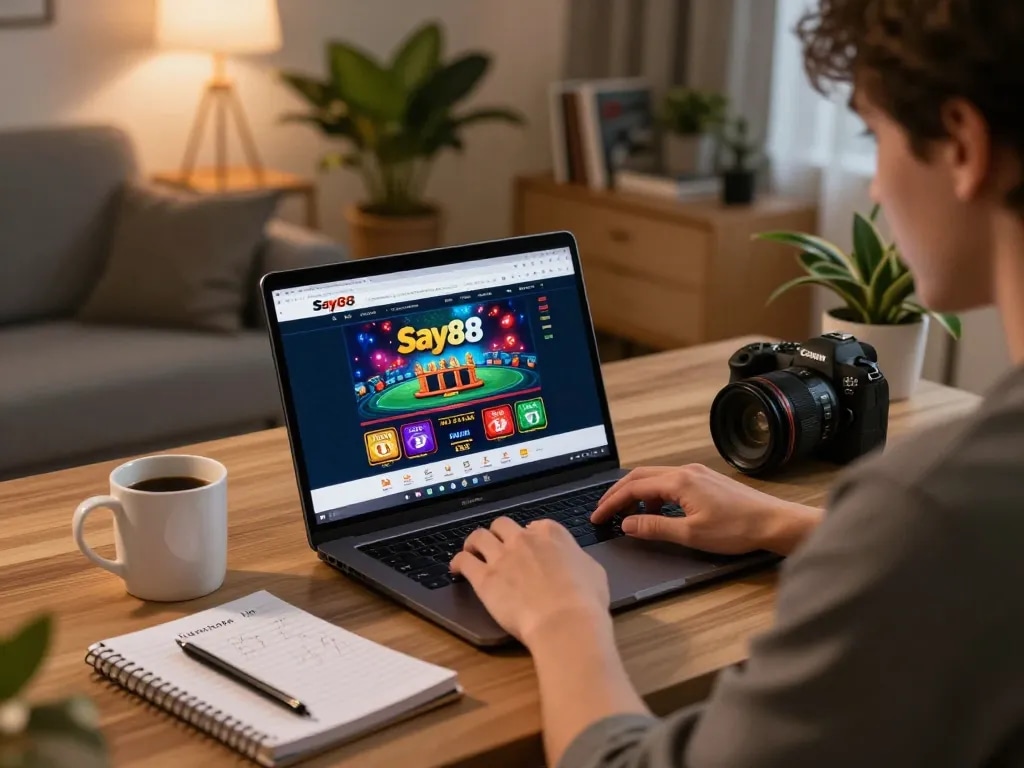 Engaging in online gaming on Say88 with a cozy setup at home, showcasing thoughtful strategy.