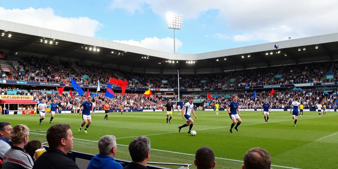 Voetbal Engeland fans juichen tijdens een spannende Premier League wedstrijd met spelers in actie