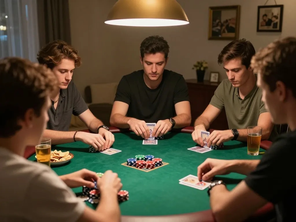 Engaging moment with lucks8 players competing in an exciting poker game at home.