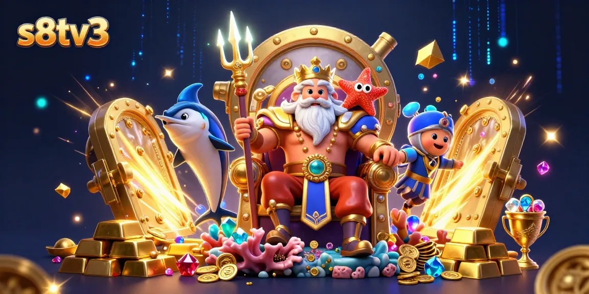 s8tv3 showcases thrilling football betting with a vibrant illustration of Neptune and treasures.
