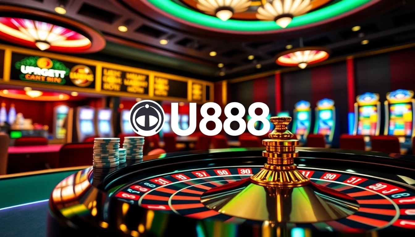Experience the excitement at U888 Casino with vibrant gaming visuals featuring poker chips and roulette.