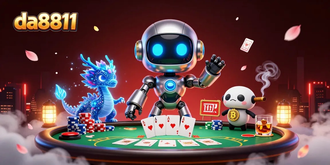 Play poker in the vibrant world of da8811 with a futuristic casino setting featuring advanced characters and symbols