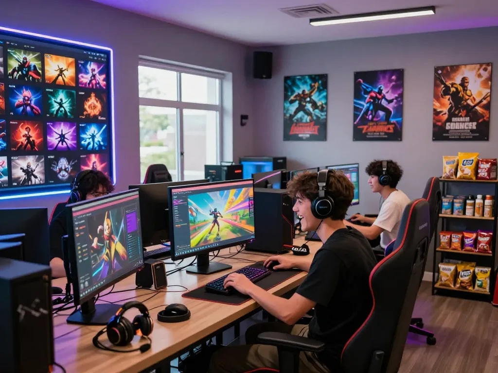 Dynamic gaming scene at OPEN88 with vibrant graphics and a joyful player surrounded by gaming gear.