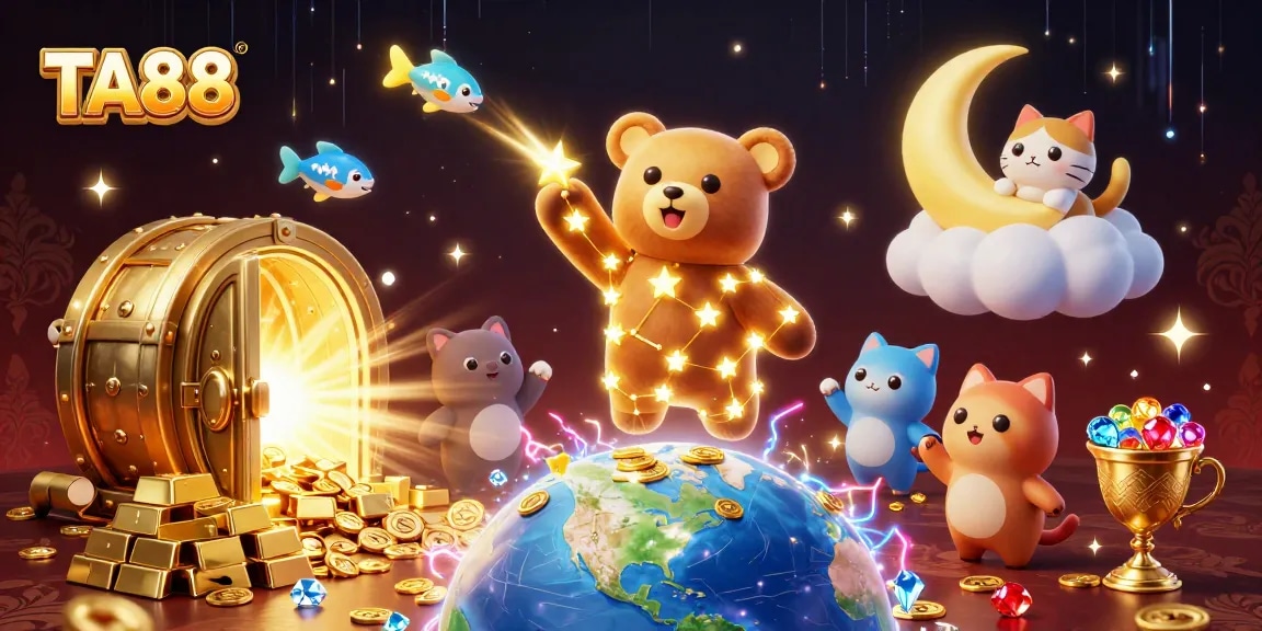 Engage with the TA88 digital casino experience, where a constellation bear collects coins amidst dazzling treasures!