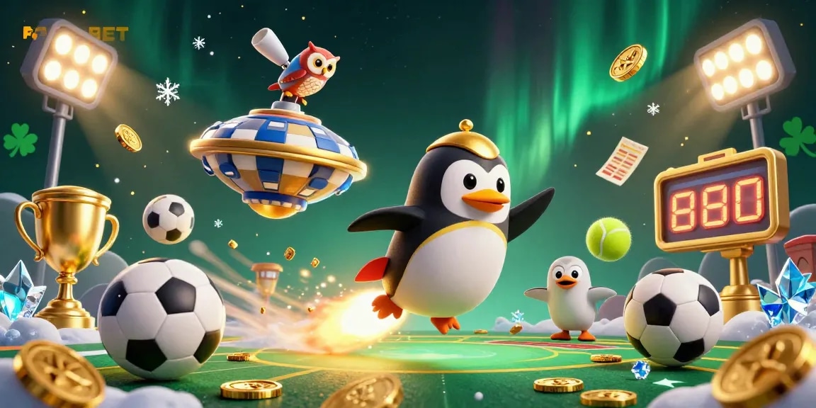 Win big at FABET casino with an exciting golden penguin rocket and dynamic sports elements.