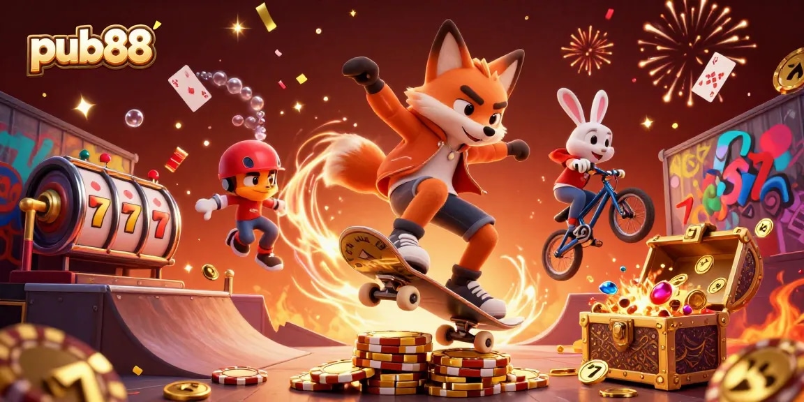 Experience the excitement of pub88 with skateboard-themed characters and vibrant casino elements.