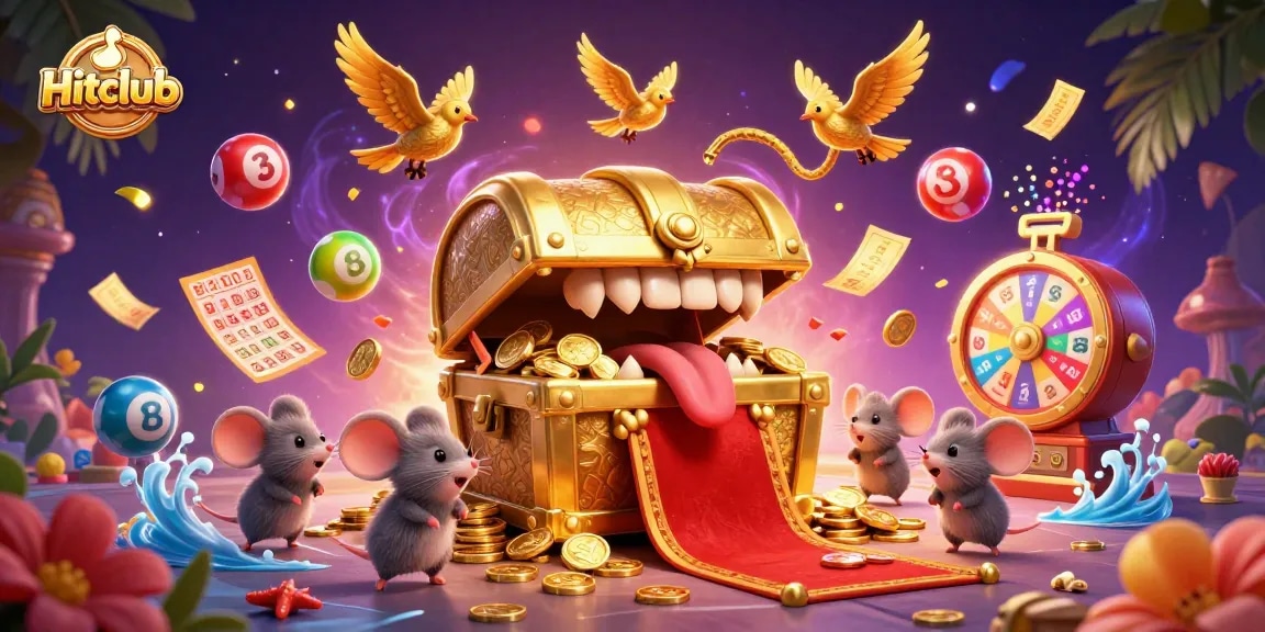 Engage with the excitement of Hitclub as adventurer mice approach a treasure chest in a lively casino scene.