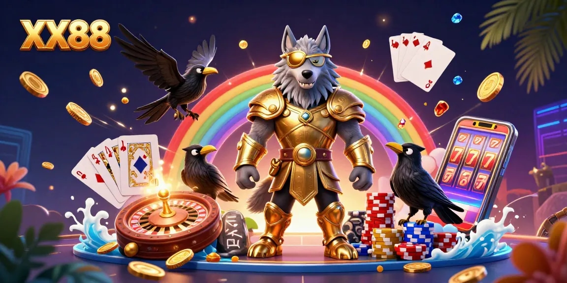Engage with the exciting world of casino gaming at XX88 featuring Odin and his ravens amidst vibrant casino elements.