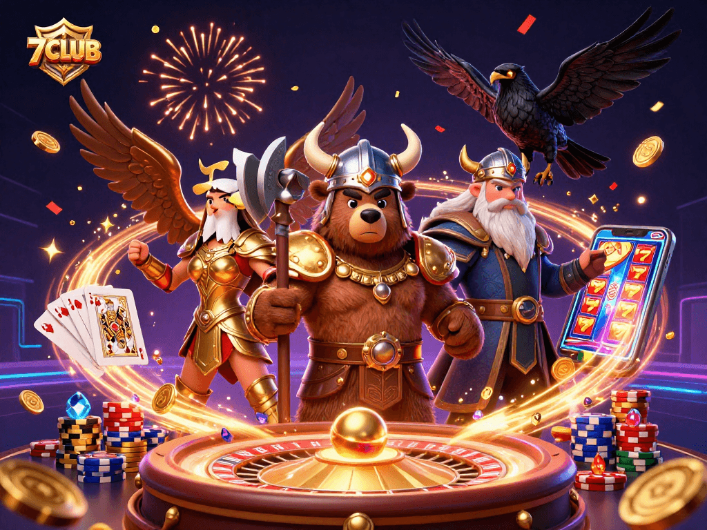 Experience thrilling 7CLUB gaming with 3D characters, sparkling coins, and vibrant casino elements.