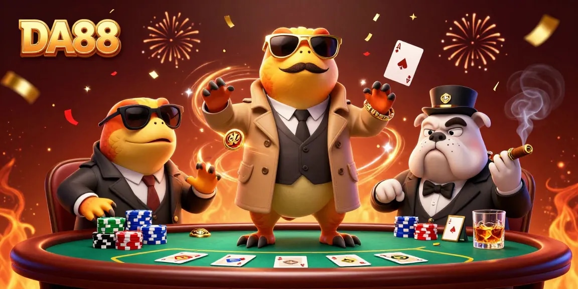 Experience thrilling gambling action at DA88 with raptors and a bulldog in a casino lounge.