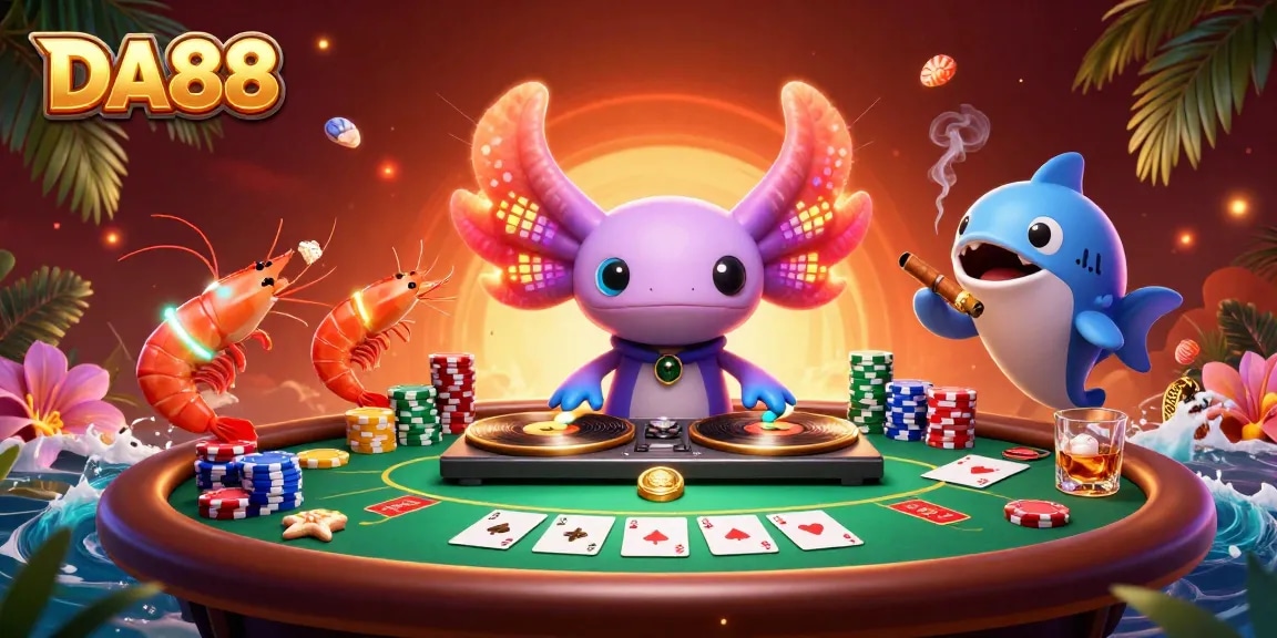 Engage with DA88 in a vibrant casino-themed scene showcasing an axolotl DJ and poker elements.