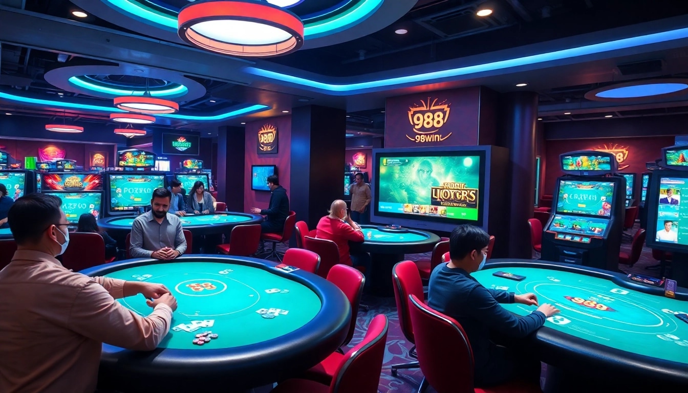 Exciting gaming experience at 98win's online casino, featuring poker and blackjack tables.