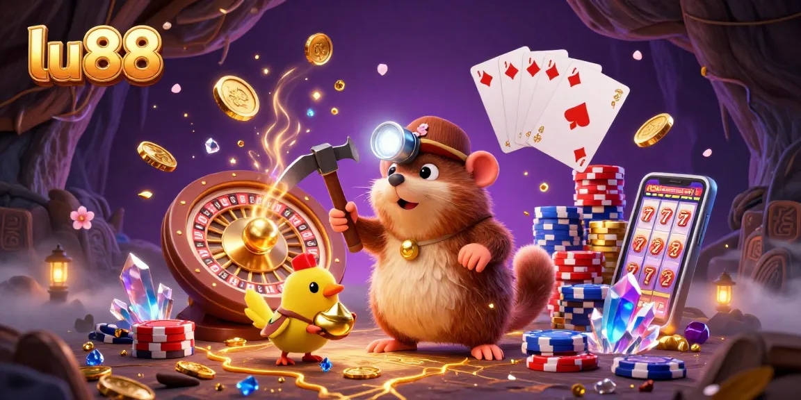 Engage with lu88 casino fun featuring a vibrant 3D treasure scene packed with golden coins and thrilling games.