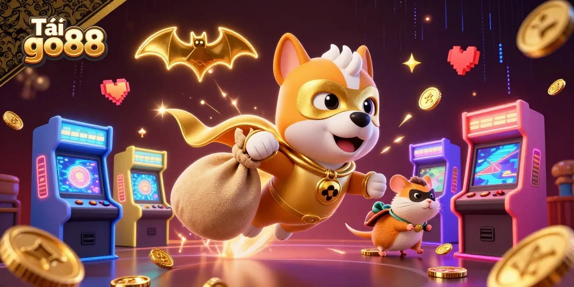 Tải go88 to experience thrilling gameplay with a superhero dog and hamster in a vibrant casino-inspired scene.