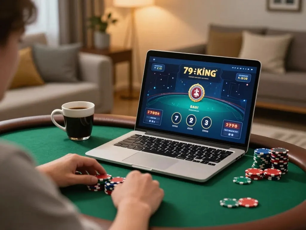 Engaging in a poker game at home with 79king on the laptop, showcasing strategic gameplay with chips and coffee.