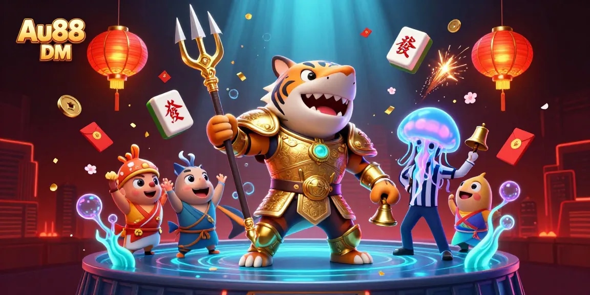 Engage with Au88 DM at a lively underwater casino scene featuring a golden shark and festive gaming elements.