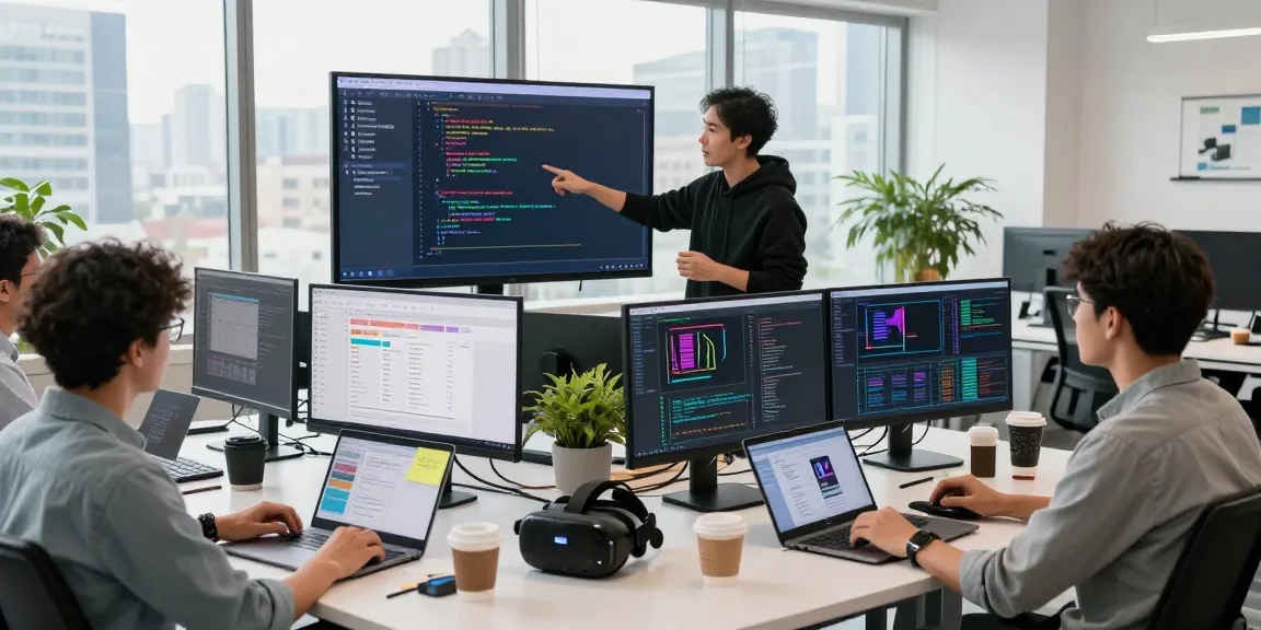 Dynamic collaboration in a modern tech workspace at the WPS Official Website, showcasing developers in action.