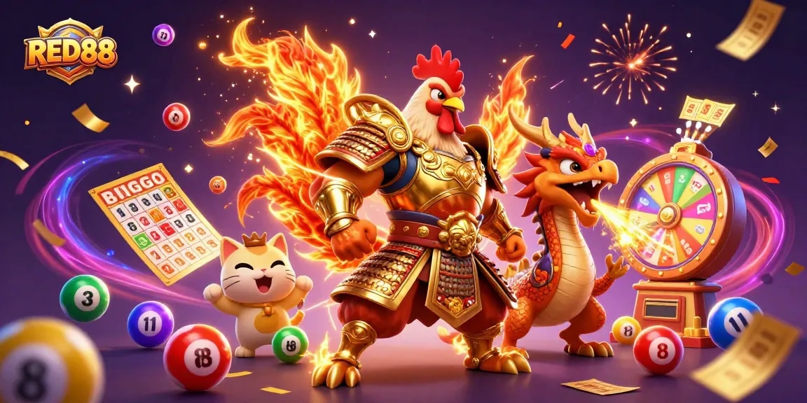 Players winning big at RED88 with vibrant lottery elements and exciting casino characters.