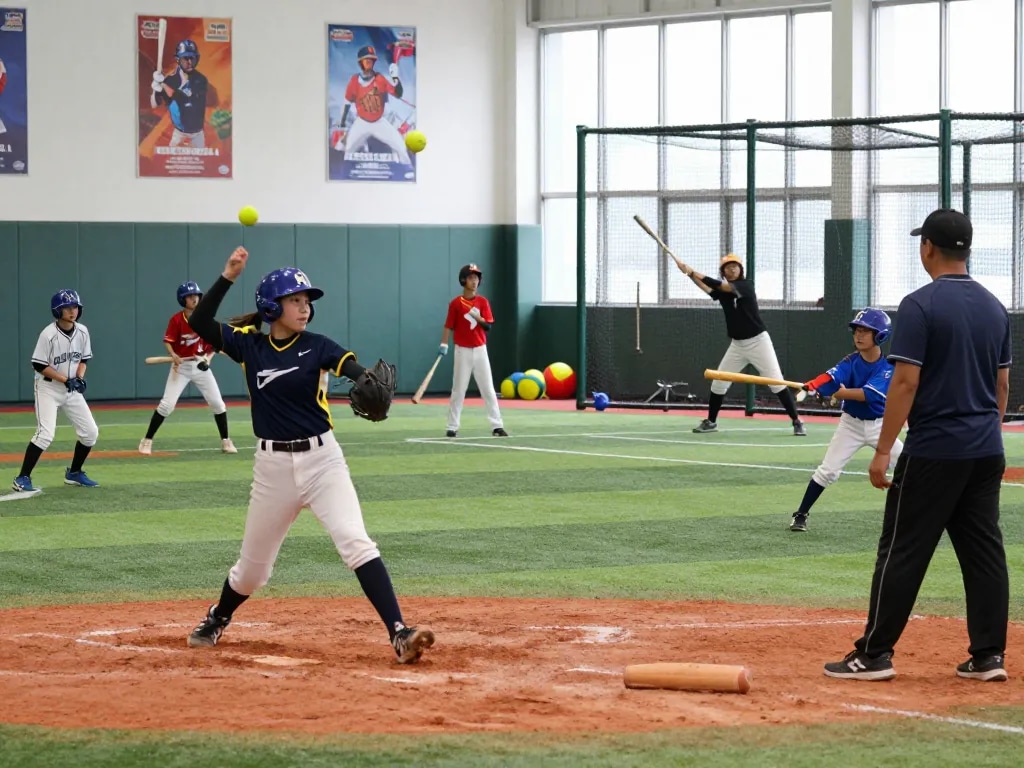 Youth athletes training at Hitclub indoor baseball facility, showcasing teamwork and skill development.