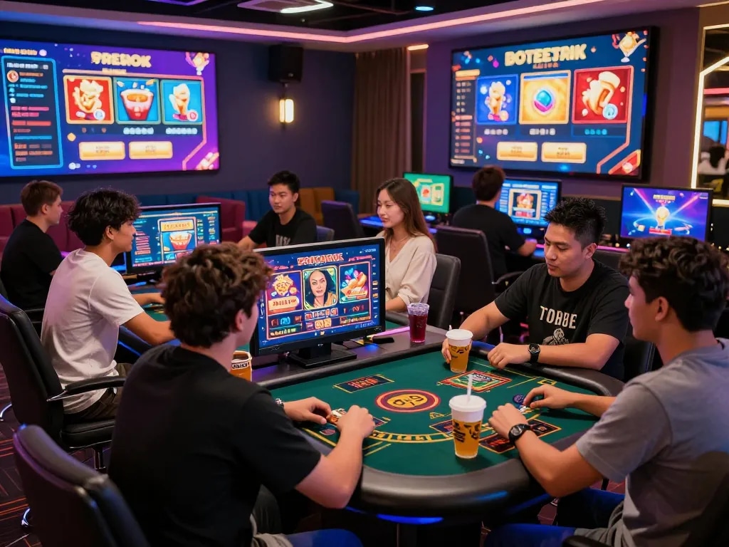 Exciting gaming lounge atmosphere with players at TOP88 live casino tables.