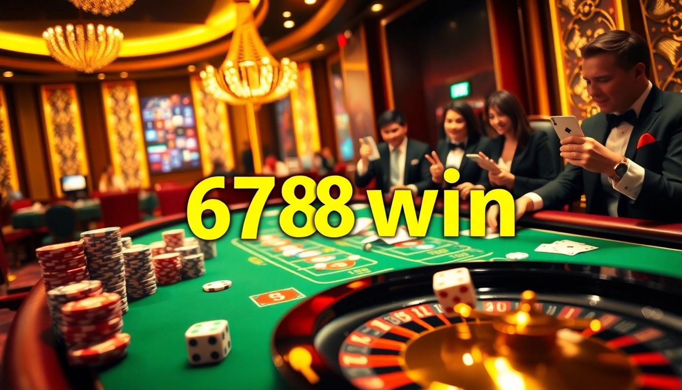 Experience the thrill of 678 win with an exciting casino scene showcasing poker and roulette.
