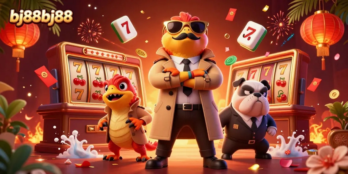 Engage in vibrant casino fun with bj88bj88 as three cartoon raptors entertain in a lively VIP lounge.