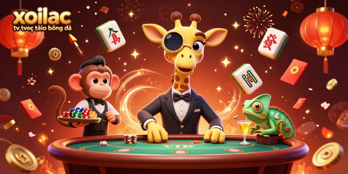 Xoilac tv trực tiếp bóng đá brings vibrancy to the casino scene with a high-roller giraffe, playful monkey, and chameleon bartender.