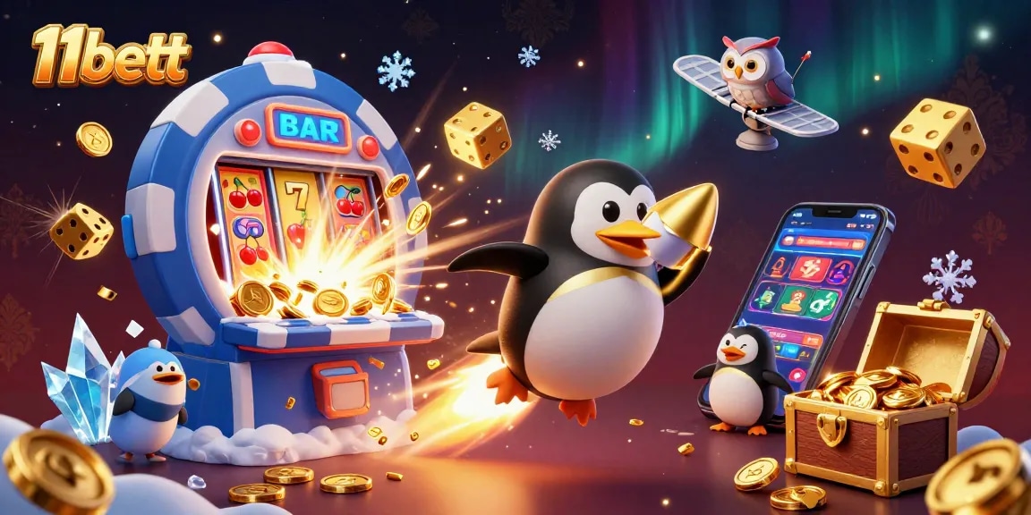 Experience thrilling gaming at 11bett with a cosmic adventure featuring golden penguins and casino elements.