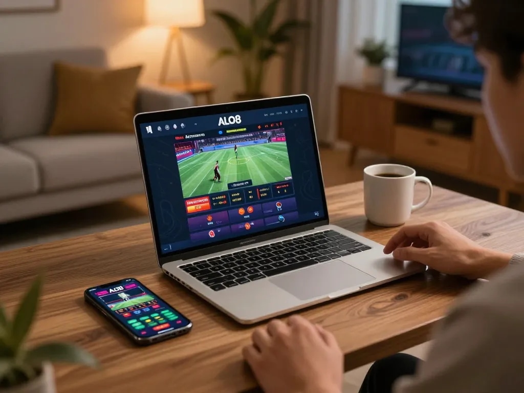 Person engaging with the ALO8 platform for online casino gaming, showcasing a laptop and smartphone in a cozy atmosphere