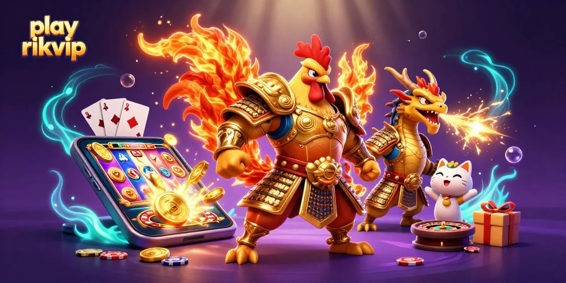 Play rikvip with a fighting rooster and dragon hatchling surrounded by vibrant casino elements.