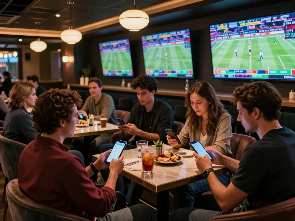 Bom88 patrons engaging in live sports betting at a stylish bar, excitement visible.