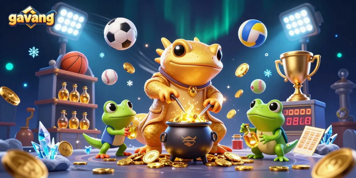 Engage in thrilling sports betting with Gavang's dynamic 3D illustration showcasing vibrant gaming elements.